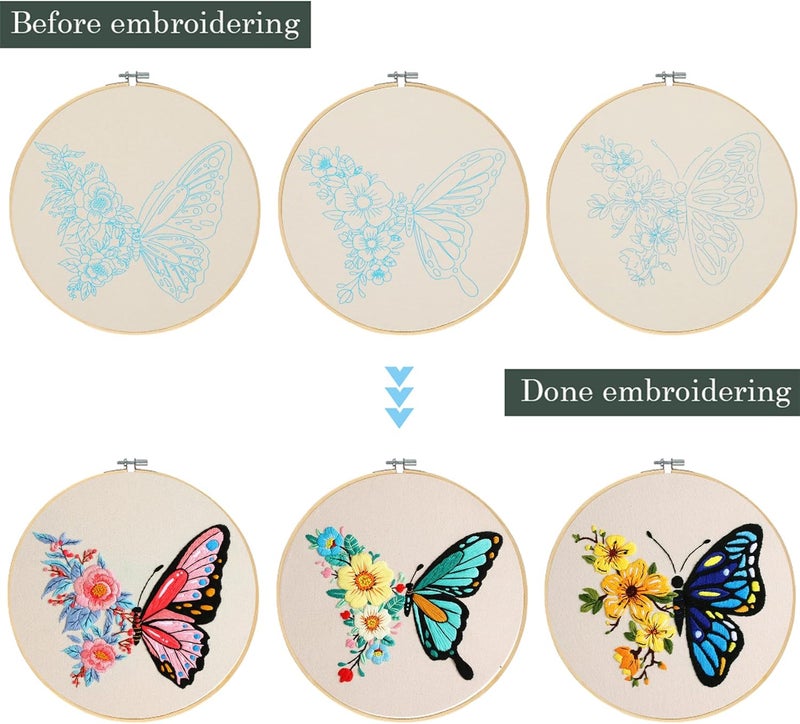 Santune 3 Pack Embroidery Kit for Beginners Adults Cross Stitch Kits with Butterfly Patterns and Instructions,DIY Hand Crafts with 1 Hoop,Threads and 6 Needles - Image 4